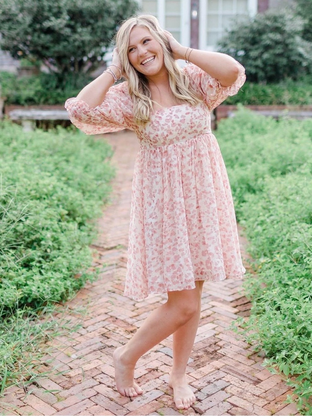Storia Blush Pink Cream Patterned Puff Sleeve Square Neck Dress M